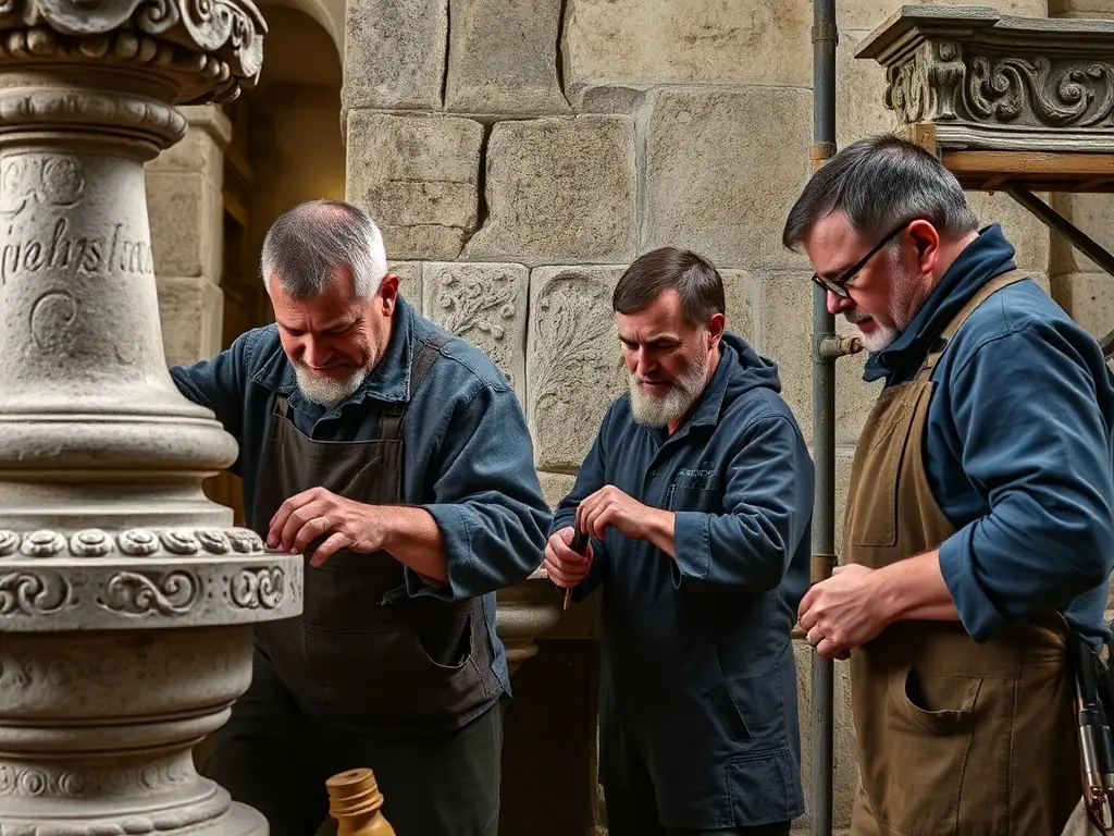 A photograph of a restoration project underway at Château de Dampierre, showing skilled craftsmen working on the preservation of historical structures and artifacts.