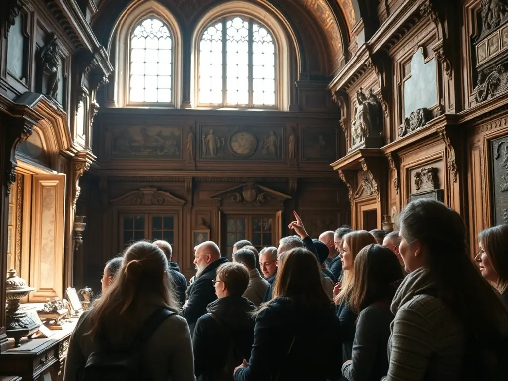 A photograph showcasing a guided tour inside the Château de Dampierre, highlighting the architectural details and historical artifacts, with a diverse group of visitors listening attentively to the guide.