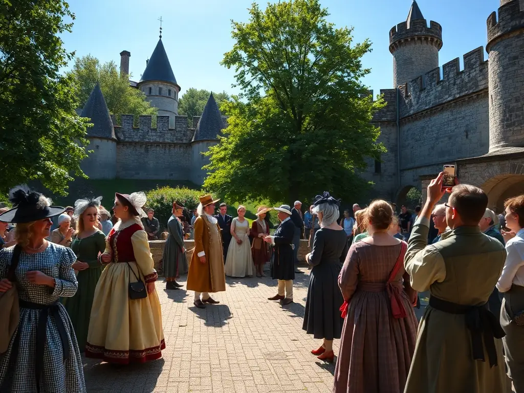 A vibrant photograph capturing a lively historical reenactment event at Château de Dampierre, with participants in period costumes engaging with visitors.