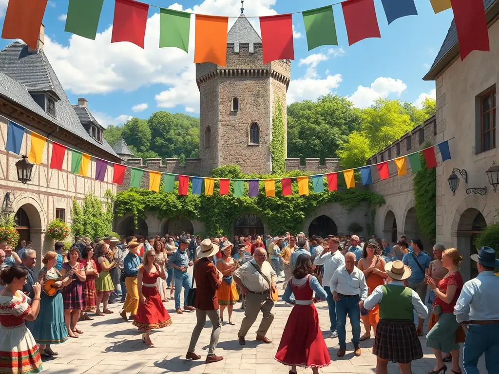 A vibrant image of a cultural event taking place in the Château de Dampierre's courtyard, with people of all ages participating in traditional music and dance.