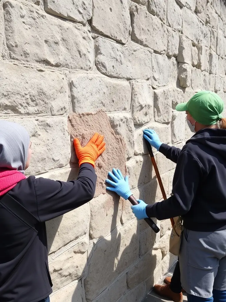 A photograph showcasing volunteers working on the restoration of a section of the Château de Dampierre, focusing on intricate stonework.