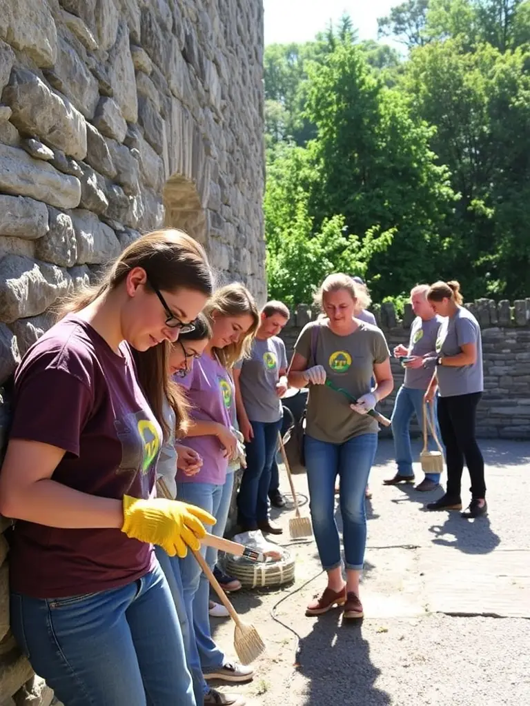 A photograph showcasing volunteers working on a restoration project at the Château de Dampierre, highlighting the community's involvement in preserving local heritage.