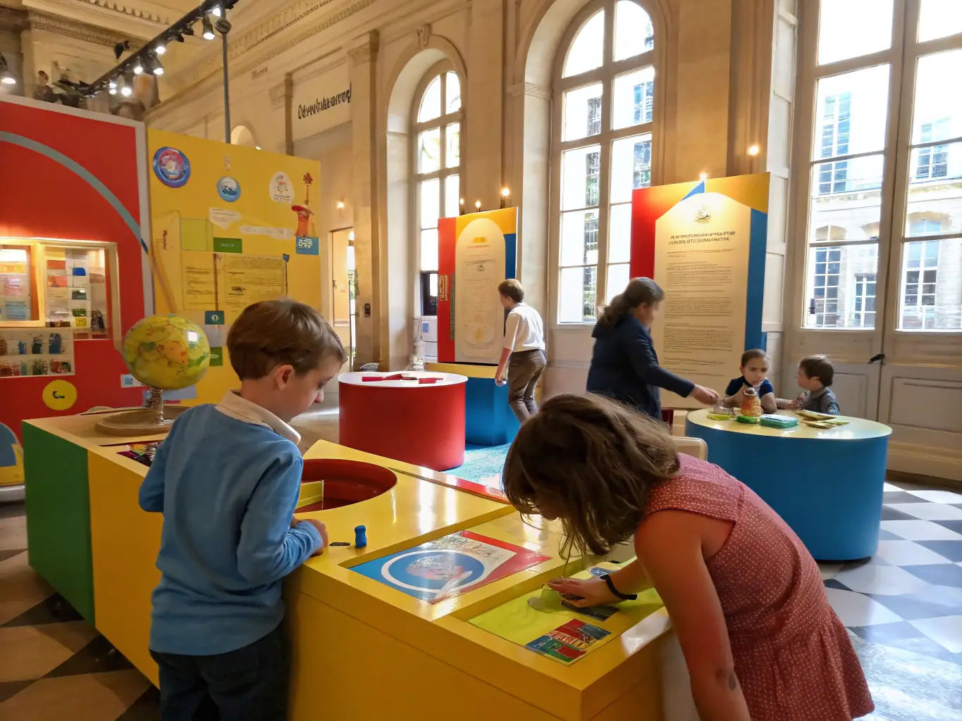 A photograph showcasing an educational workshop or activity for children at Château de Dampierre, focusing on heritage preservation and historical learning. The image should convey a sense of fun and engagement.