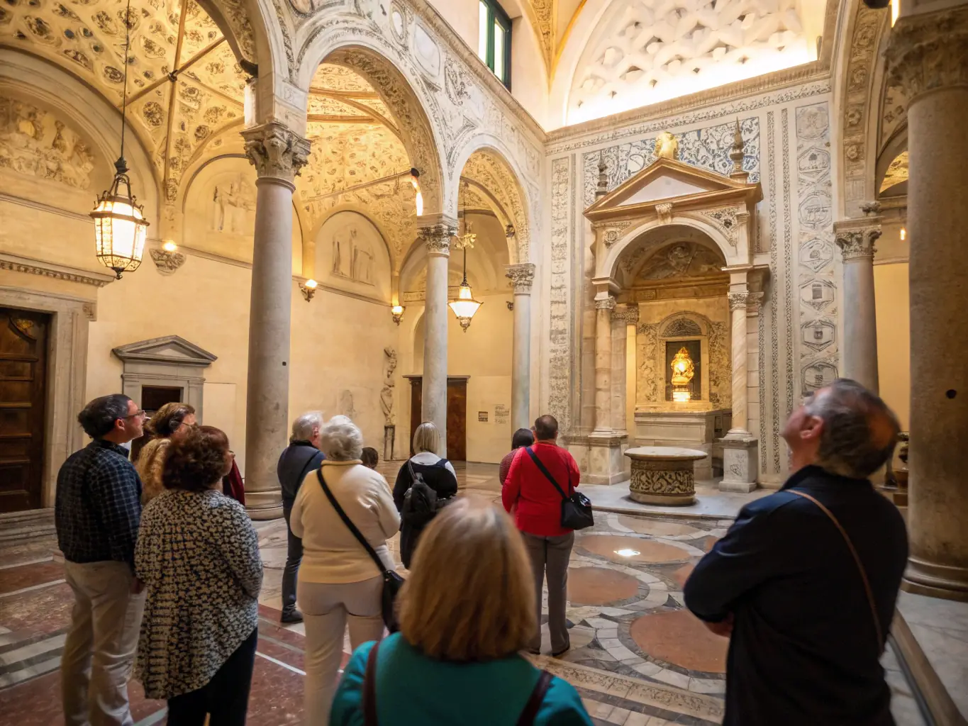 A photograph depicting a guided tour inside Château de Dampierre, with a focus on the architectural details and historical artifacts. The scene should convey a sense of discovery and learning.