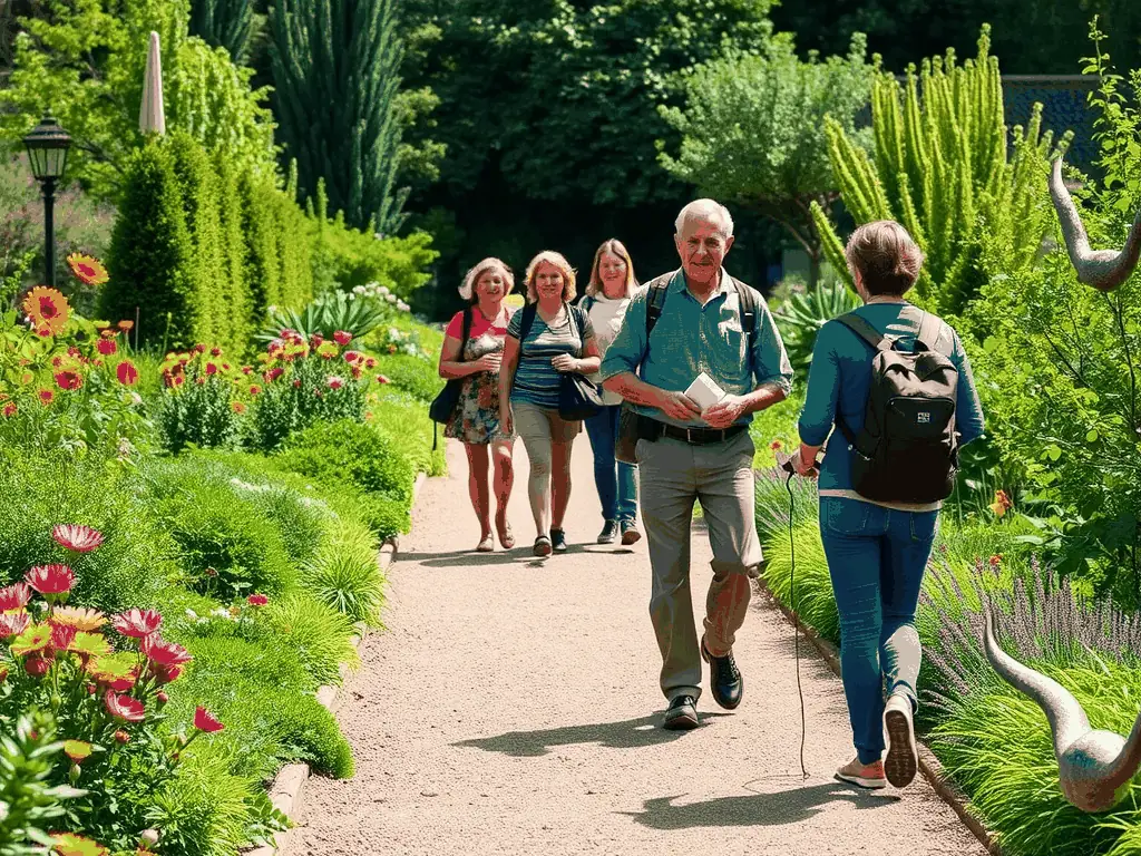 A picturesque image of a guided tour group exploring the gardens of Château de Dampierre during the annual Garden Festival.