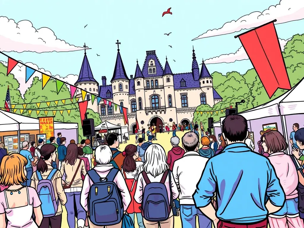 A vibrant image of a cultural event taking place on the grounds of Château de Dampierre, featuring live music, historical reenactments, and local artisans showcasing their crafts.